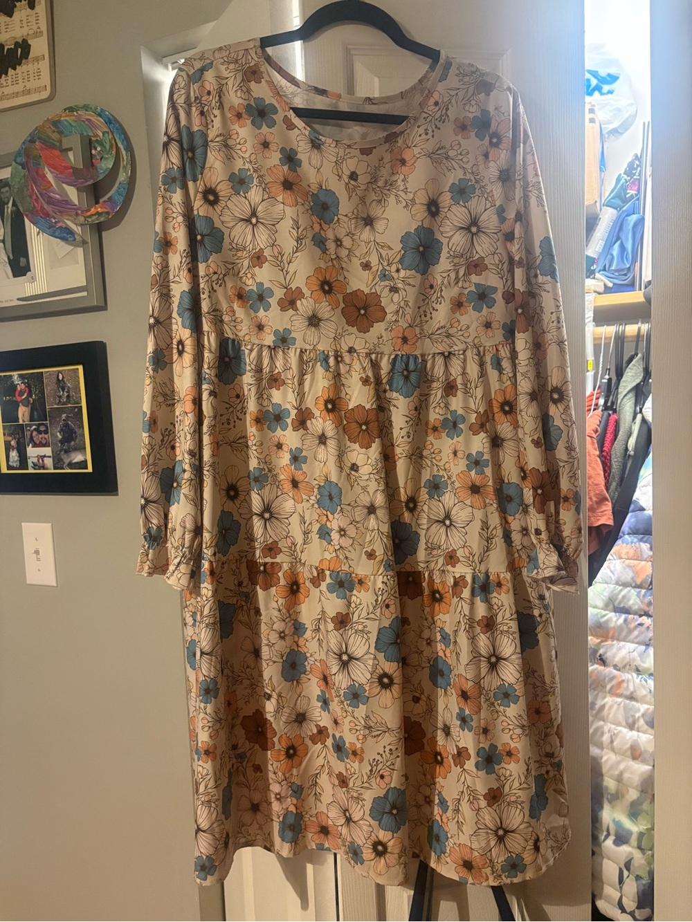 Long-Sleeve Floral Tiered Dress in Cream with Blue & Brown Blooms
